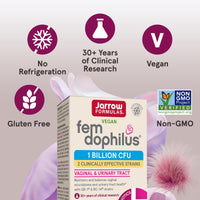 Thumbnail for Jarrow Formulas Fem-Dophilus Vaginal Probiotics 1 Billion CFU with 2 Science-Backed Strains, Dietary Supplement for Vaginal & Urinary Tract Support, 30 Capsules, Up to a 30 Day Supply, Shelf-Stable
