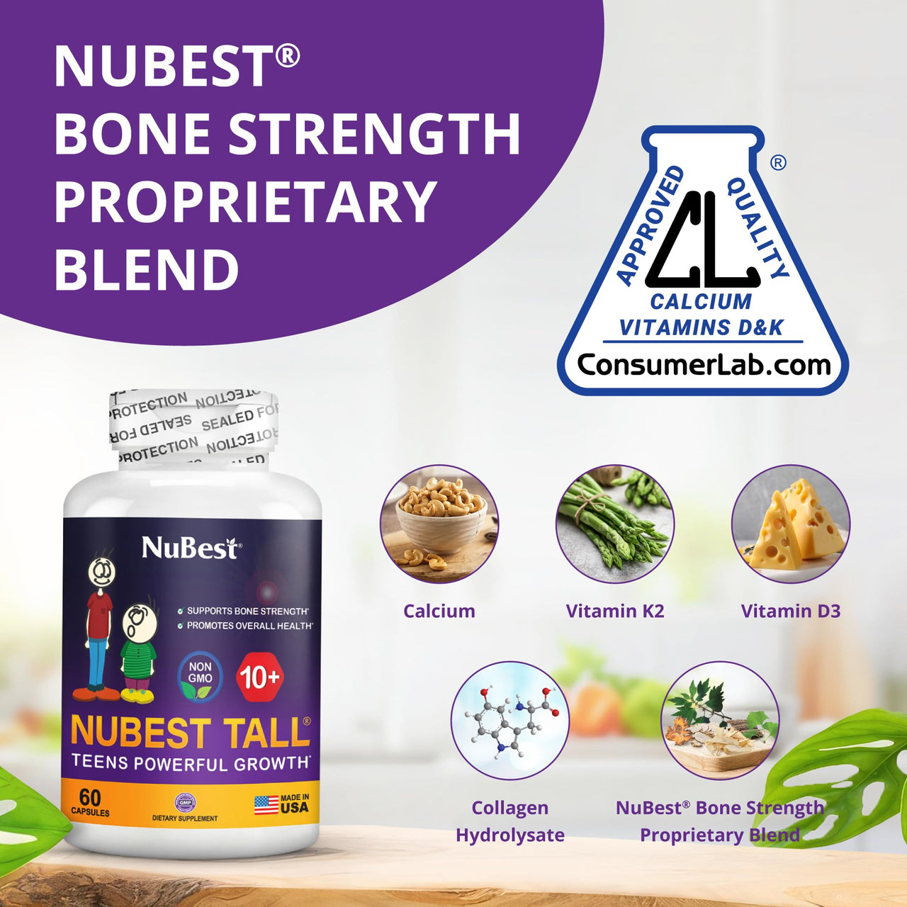 NuBest Tall 10+ Premium Bone Strength Formula, Enhanced Immunity and Overall Health for Age 10+ with Calcium, Vitamin D3, Vitamin K2, and Multivitamins | 60 Capsules | 1 Month Supply