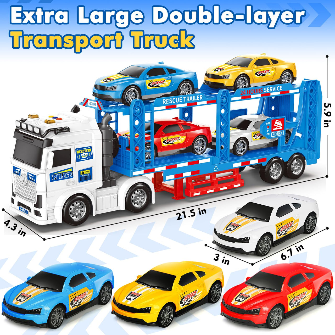BainGesk Semi Truck Toys Car for 3, 4, 5, 6, 8 Years Old Boys Girls, Adjustable Double Decker Carrier Truck with Light & Sound, Car Hauler with Trailer Toy, Large Transport Toy Gifts for Toddler