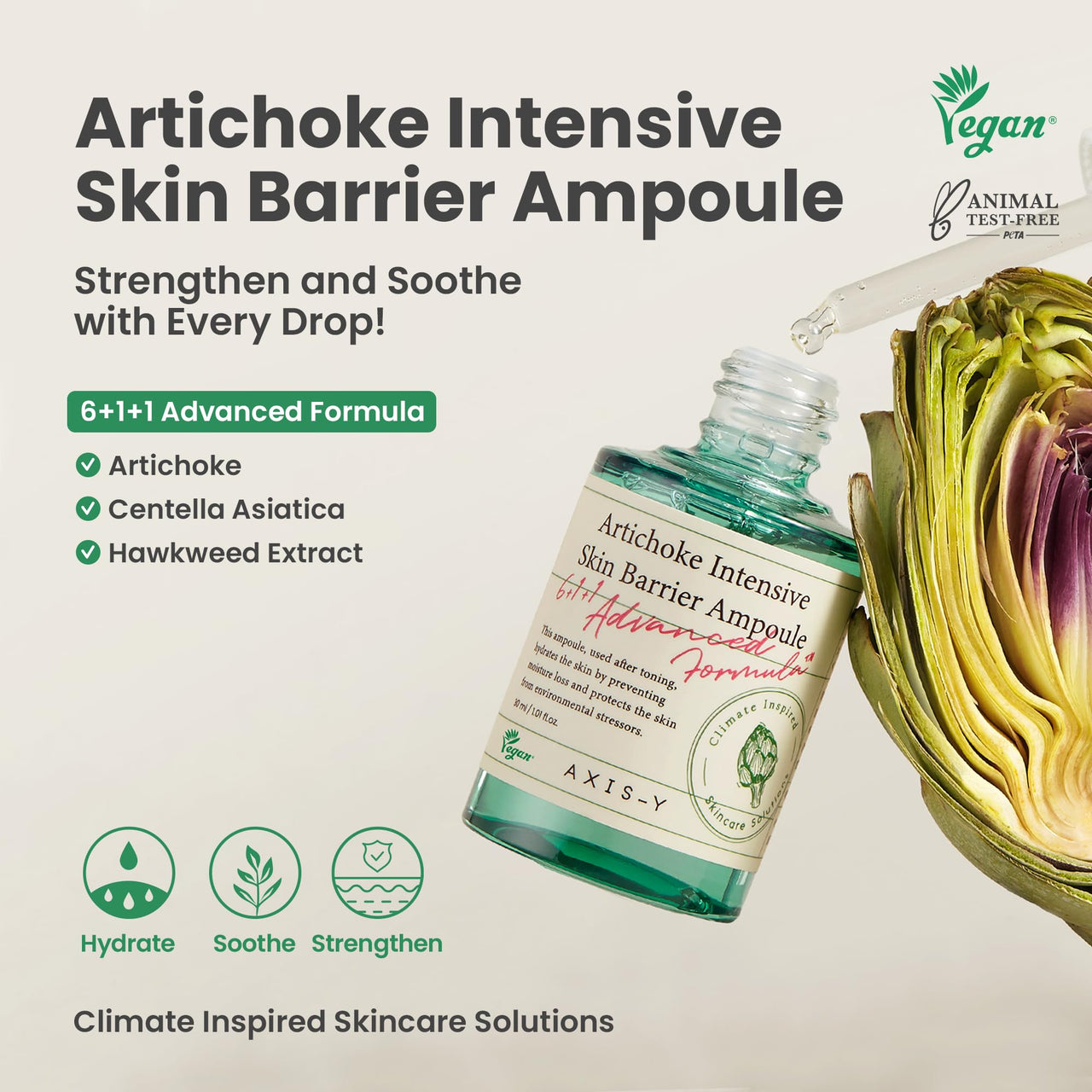 AXIS-Y Artichoke Intensive Skin Barrier Ampoule - Hydrating & Soothing Serum with Centella Asiatica, Licorice & Aloe for Skin Irritation Treatment - Vegan Korean Skin Care - 1.01 fl. oz.