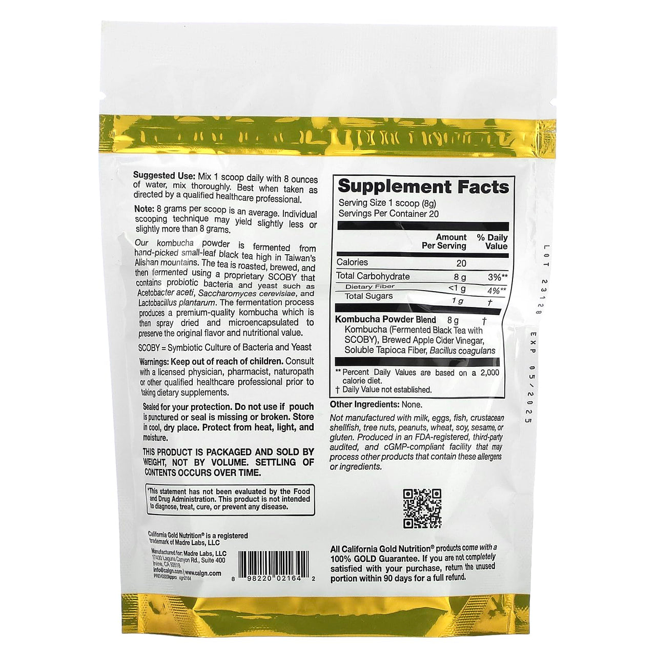 California Gold Nutrition Superfoods, Kombucha Powder with Kombucha, Brewed Apple Cider Vinegar and Soluble Tapioca Fiber Plus Probiotics, 5.64 oz (160 g)