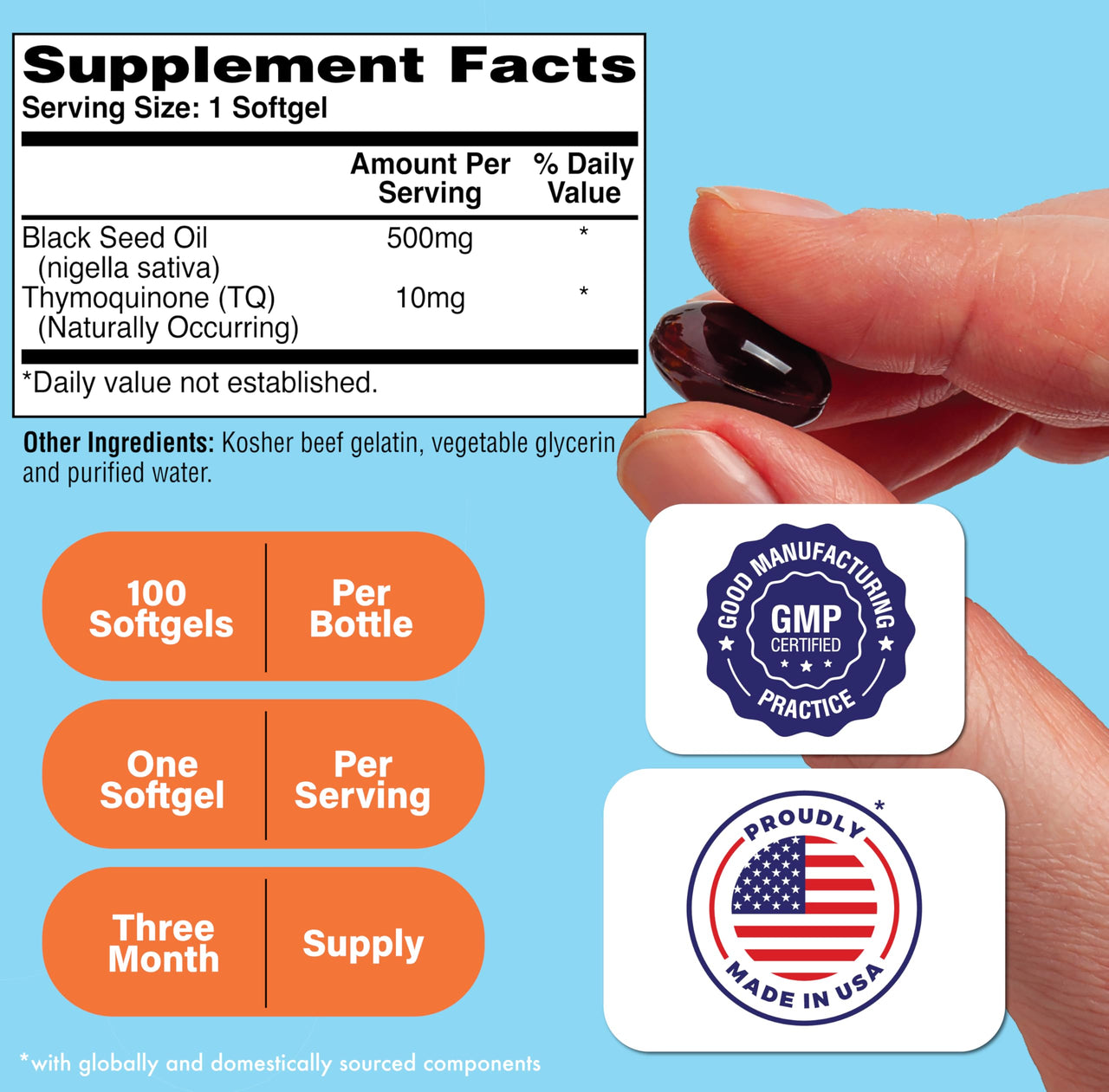 Health Thru Nutrition Black Seed Oil 500mg 100 Softgels | High Potency 2% Thymoquinone | 3rd Party Tested | Pure Cold Pressed | Organically Grown | Non-GMO, Gluten Free, Soy Free