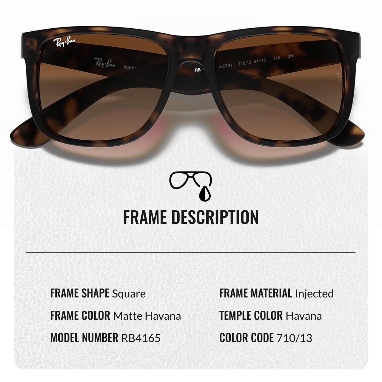 Ray-Ban RB4165 JUSTIN Classic Square Shape Sunglasses With Eyewear Kit Bundle - High Bridge Fit - Ideal Formal and Casual Wear Square Sunglasses