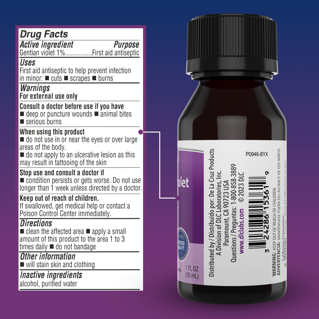 De La Cruz Gentian Violet - Violeta de Genciana 1% First Aid Antiseptic for cuts, scrapes and Burns, 1 FL OZ
