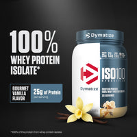 Thumbnail for Dymatize ISO100 Whey Protein Powder Isolate, Gourmet Vanilla, 25g of Protein, 5.5g BCAAs, Less Than 120 Cal., Gluten Free, 1g Fat, 1g Sugar, 2g Carb (20 Servings)