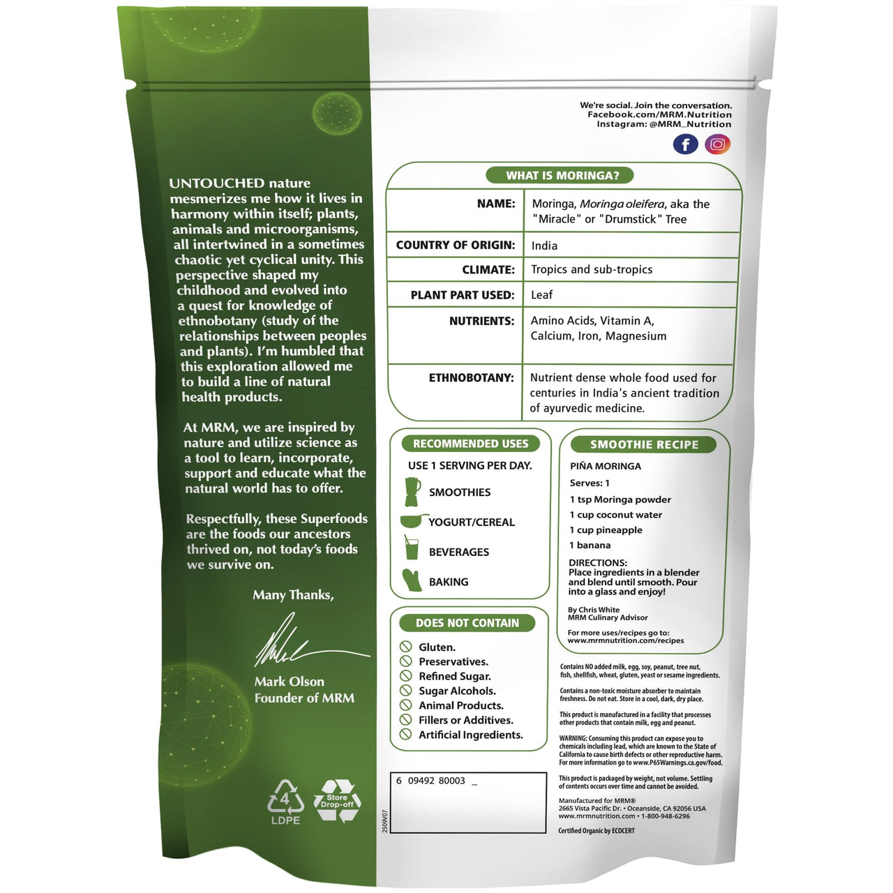 MRM Organic Moringa Powder - USDA Organic Moringa Leaf Powder, Superfood High in Fiber and Antioxidants for Smoothies, Tea, and Daily Nutrition, for Women & Men, Vegan and Gluten-Free - 60 Servings