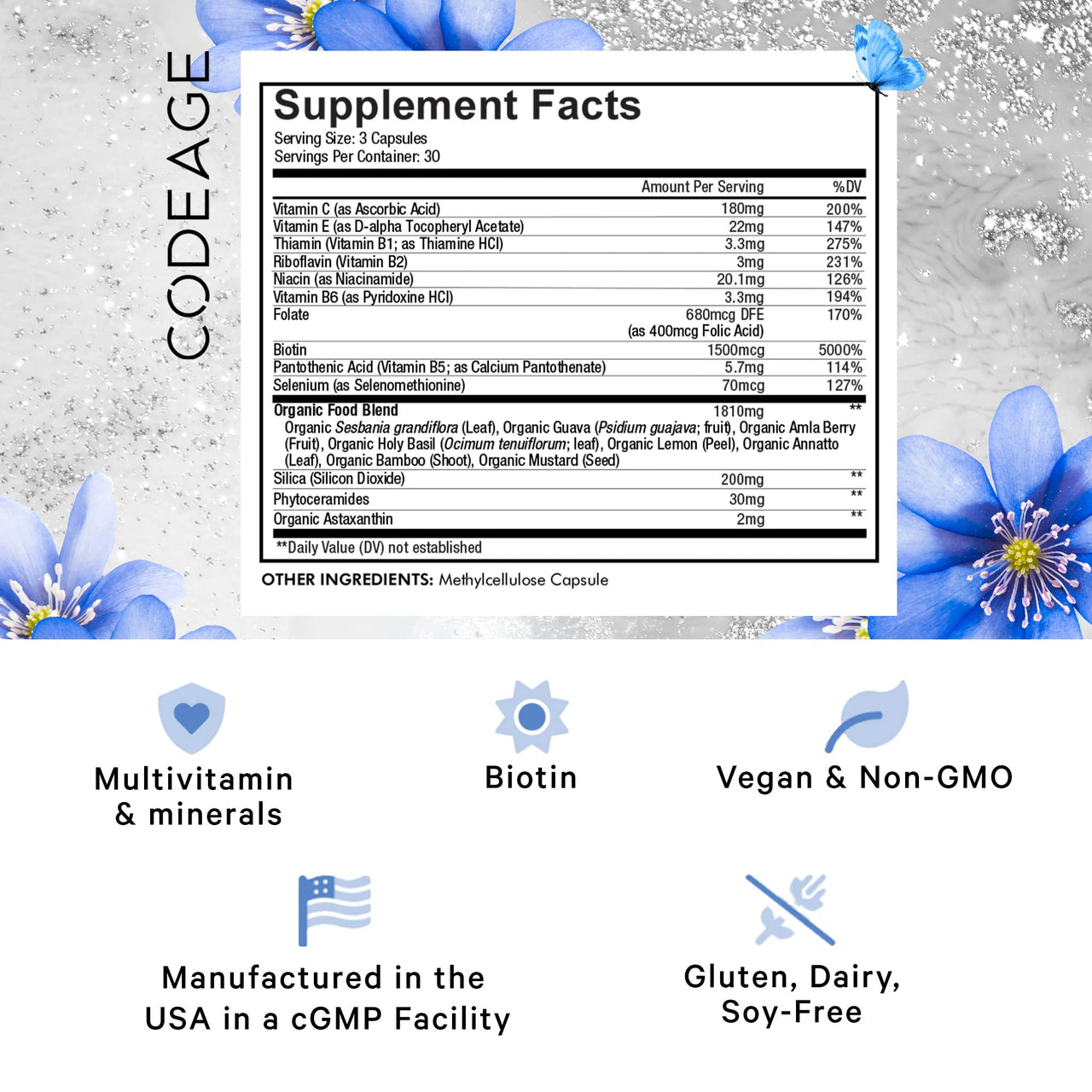 Codeage Biotin Supplement with Vitamin C, Vitamin E, Vitamin B6, Niacin, Folate, Organic Food Blend, Phytoceramides, Astaxanthin, Selenium - Beauty Tonic - Hair, Skin, and Nail Support - Vegan, 90 Ct