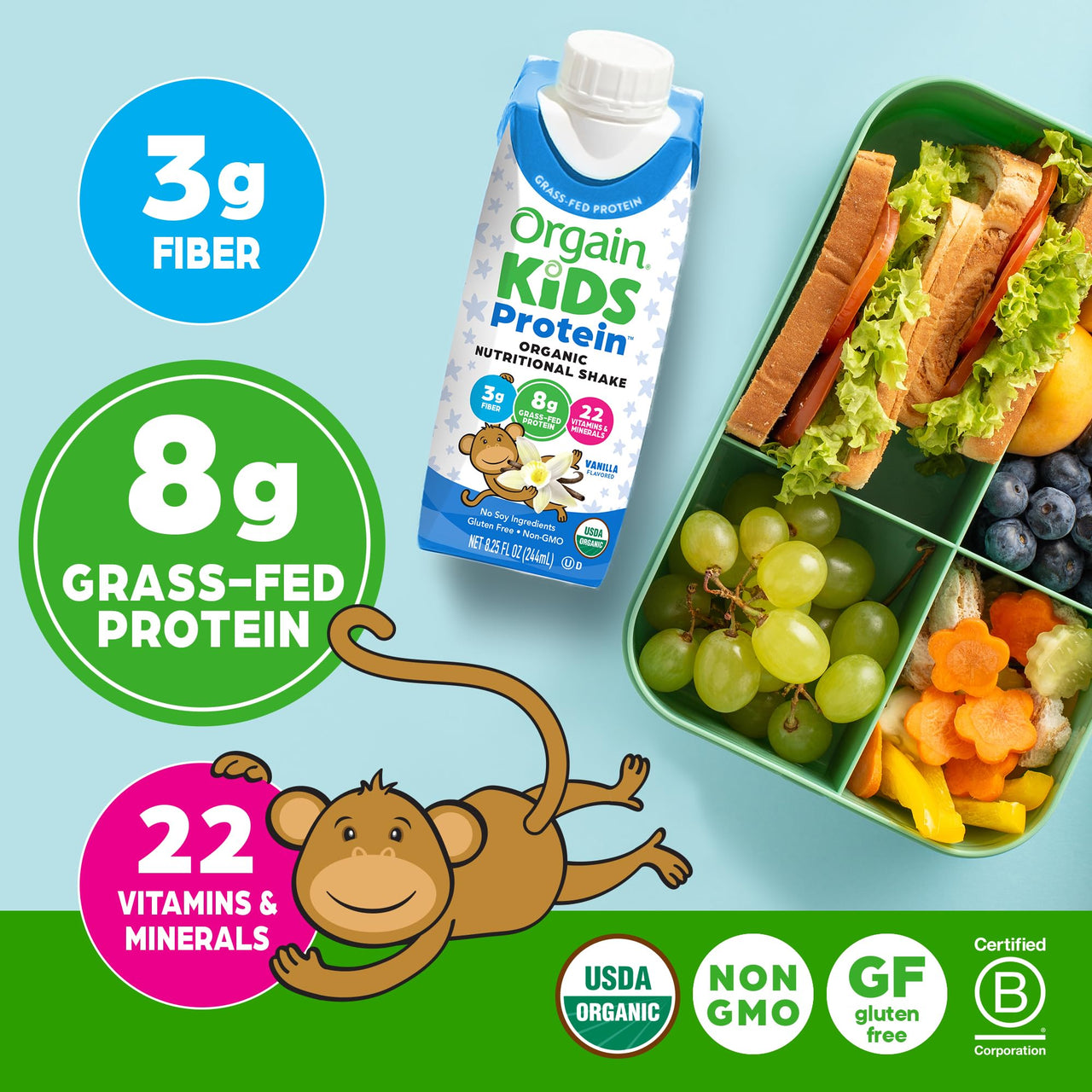 Orgain Organic Kids Nutritional Protein Shake, Vanilla, Healthy Kids Snacks, 8g Dairy Protein, 3g Fiber, 22 Vitamins & Minerals, No Soy ingredients, Gluten Free, Non-GMO, 8.25 Fl Oz (Pack of 12)