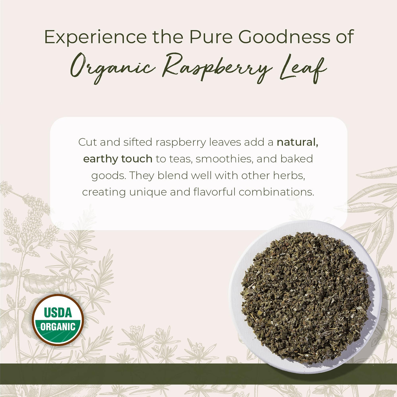 Starwest Botanicals Organic Raspberry Leaf - Herbal Loose Leaf Tea, Caffeine Free Natural Herbs, Pure Dried Raspberry Leaf, Cut & Sifted, Certified Kosher, Non-GMO - Bulk 1 lb Bag