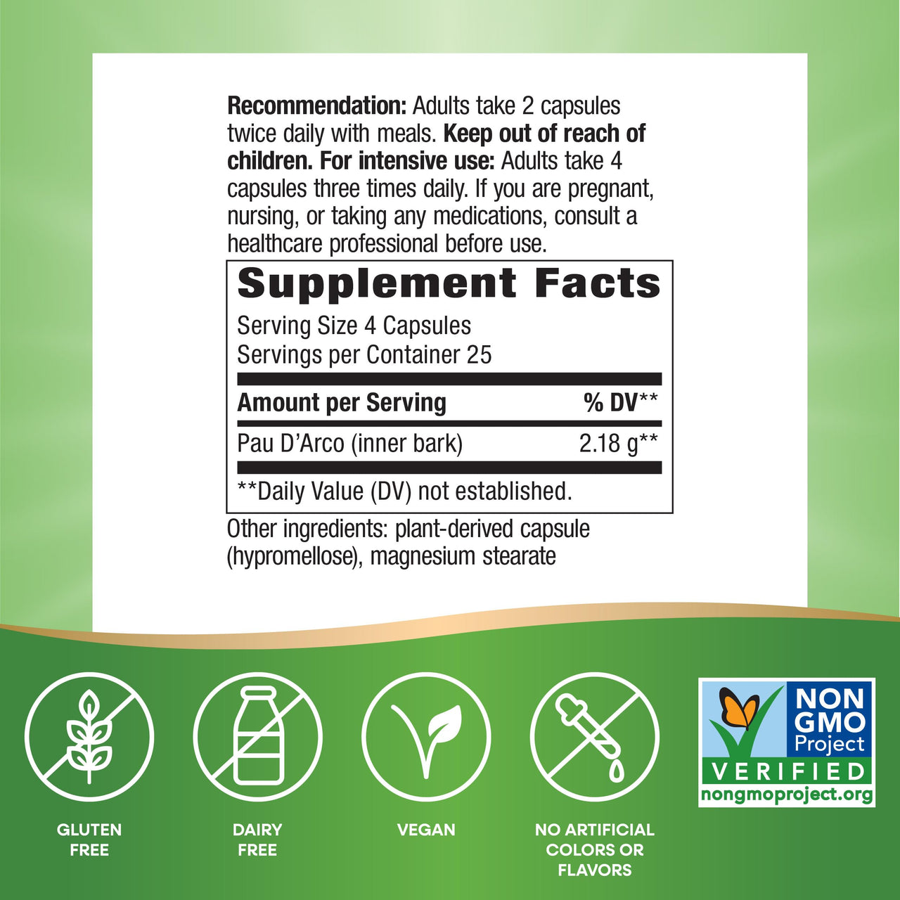Nature's Way PAU d'Arco Inner Bark, Traditional South American Herb, 2,180 mg per 4-Capsule Serving, Non-GMO Project Verified, 100 Capsules (Packaging May Vary)
