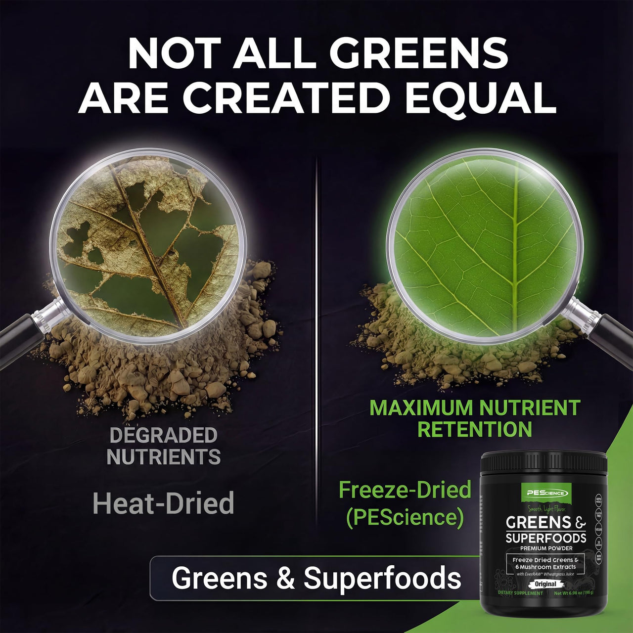 PEScience Greens Powder Superfood with Natural Chlorophyll, Reishi & Turkey Tail Mushroom Powders, Freeze-Dried Kale, Spinach, Broccoli Sprouts with Antioxidants - Original Flavor, 30 Servings