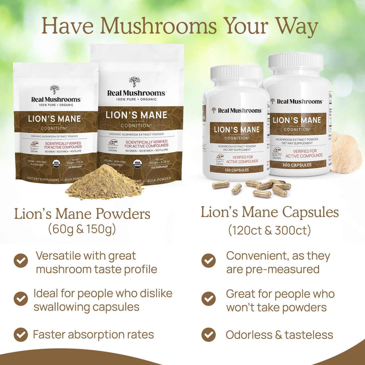 Real Mushrooms Lion’s Mane Supplement Capsules - Organic Lions Mane Extract for Overall Wellbeing - Beta Glucan Supplements – Vegan 300 ct Mushroom Extract
