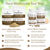Thumbnail for Real Mushrooms Lion’s Mane Supplement Capsules - Organic Lions Mane Extract for Overall Wellbeing - Beta Glucan Supplements – Vegan 300 ct Mushroom Extract