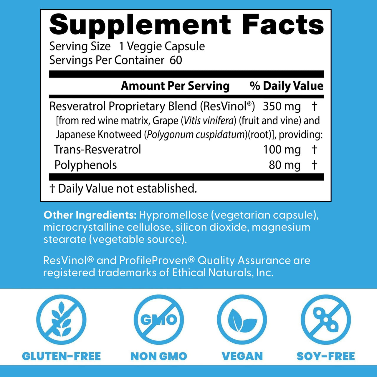 Doctors Best Trans-Resveratrol 100, Resveratrol with Red Wine Polyphenol (ResVinol), Non-GMO, Gluten Free, Soy Free, Vegan 60 Veggie Caps