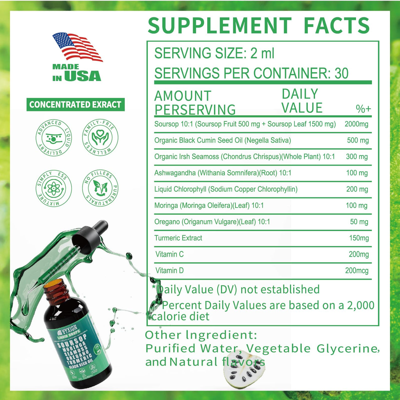Vyxion Soursop Bitters Liquid Drops 10 in 1 with Sea Moss, Moringa, Turmeric, Black Seed Oil, Oregano, Ashwagandha | Herbal Extracts for Overall Health-Enhancing | Vegan, Non-GMO | 2 Fl Oz