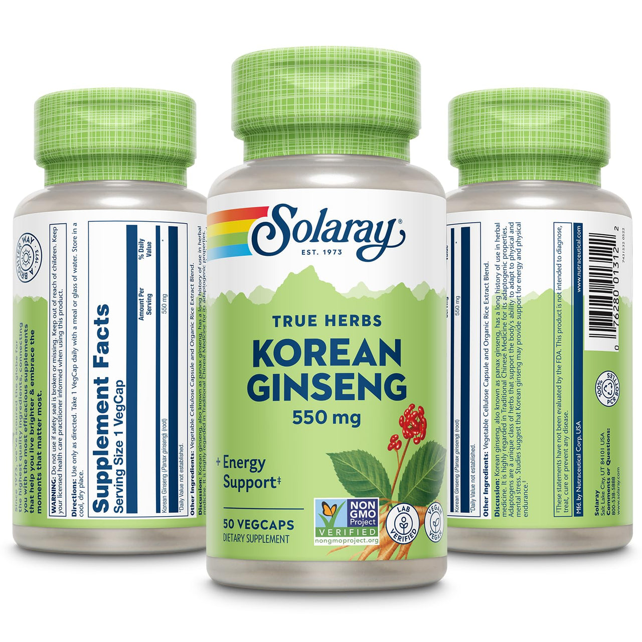 SOLARAY Korean Ginseng 550 mg - Ginseng Root - Stress, Physical Endurance and Energy Supplements - Non-GMO, Vegan, Lab Verified - 50 Servings, 50 VegCaps