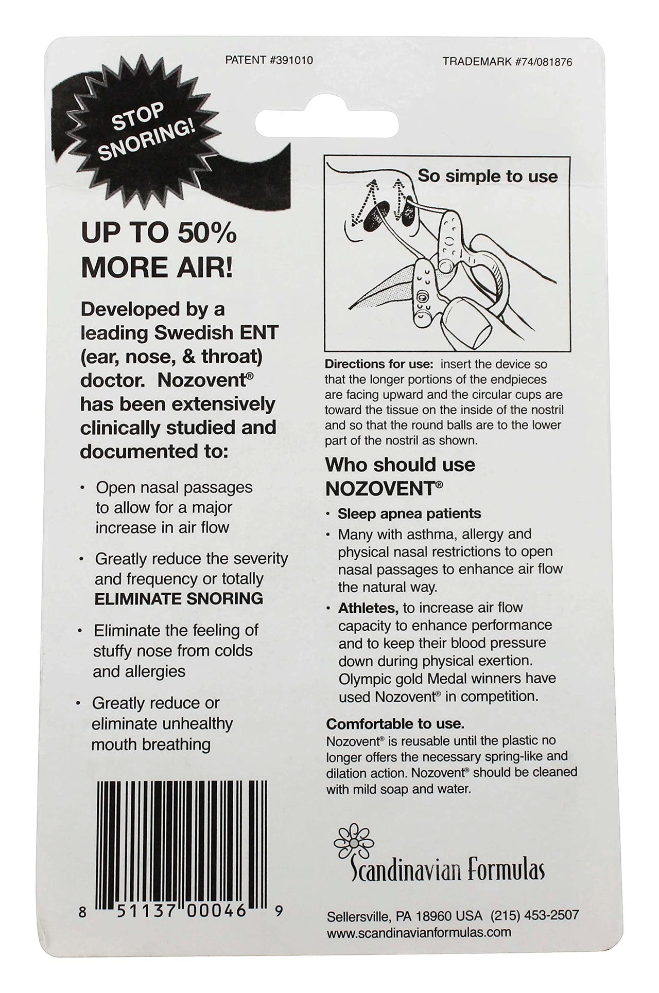 Scandinavian Formulas Nozovent Anti-Snoring Device, 2 Count