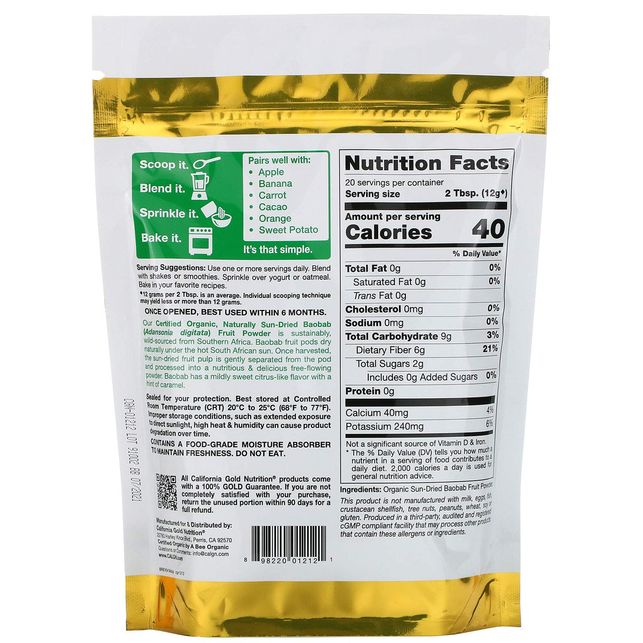 California Gold Nutrition Superfoods, Organic Baobab Powder, 8.5 oz (240 g)
