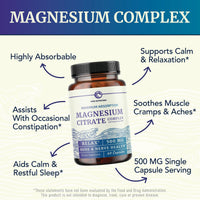 Thumbnail for Magnesium Citrate Complex 500 MG for Calm & Relaxation | High Absorption Magnesium Supplement | Citrato de Magnesio | Constipation & Digestion Support Non-GMO Soy-Free | 60 Mag Citrate Capsules