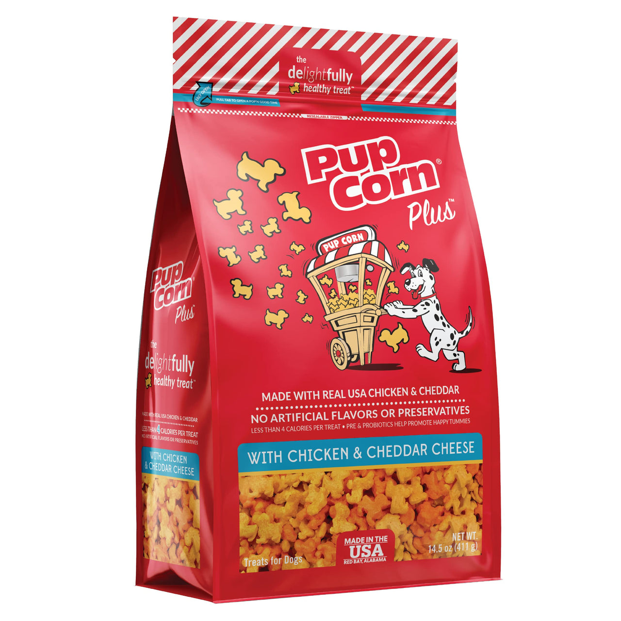 Pup Corn Plus - Puffed Dog Treats with Prebiotics and Probiotics - Chicken & Cheddar Cheese (14.5oz) - Made in USA