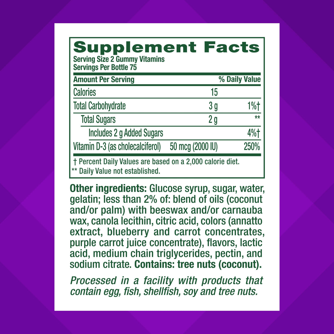 vitafusion Vitamin D3 Gummies, Bone and Immune Support, Peach, Blackberry, Strawberry Flavored, 50 mcg D3 Gummy Vitamin Supplement, 75 Day Supply, 150 Count