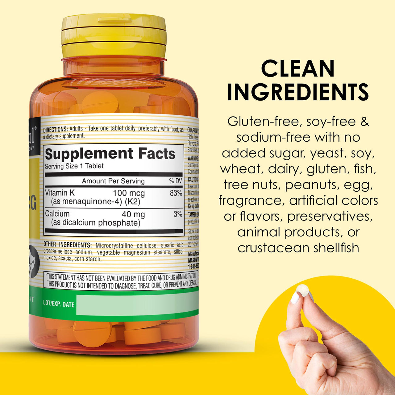 MASON NATURAL Vitamin K2 100 mcg with Calcium, Supports Bone, Heart & Muscle Health, 100 Tablets