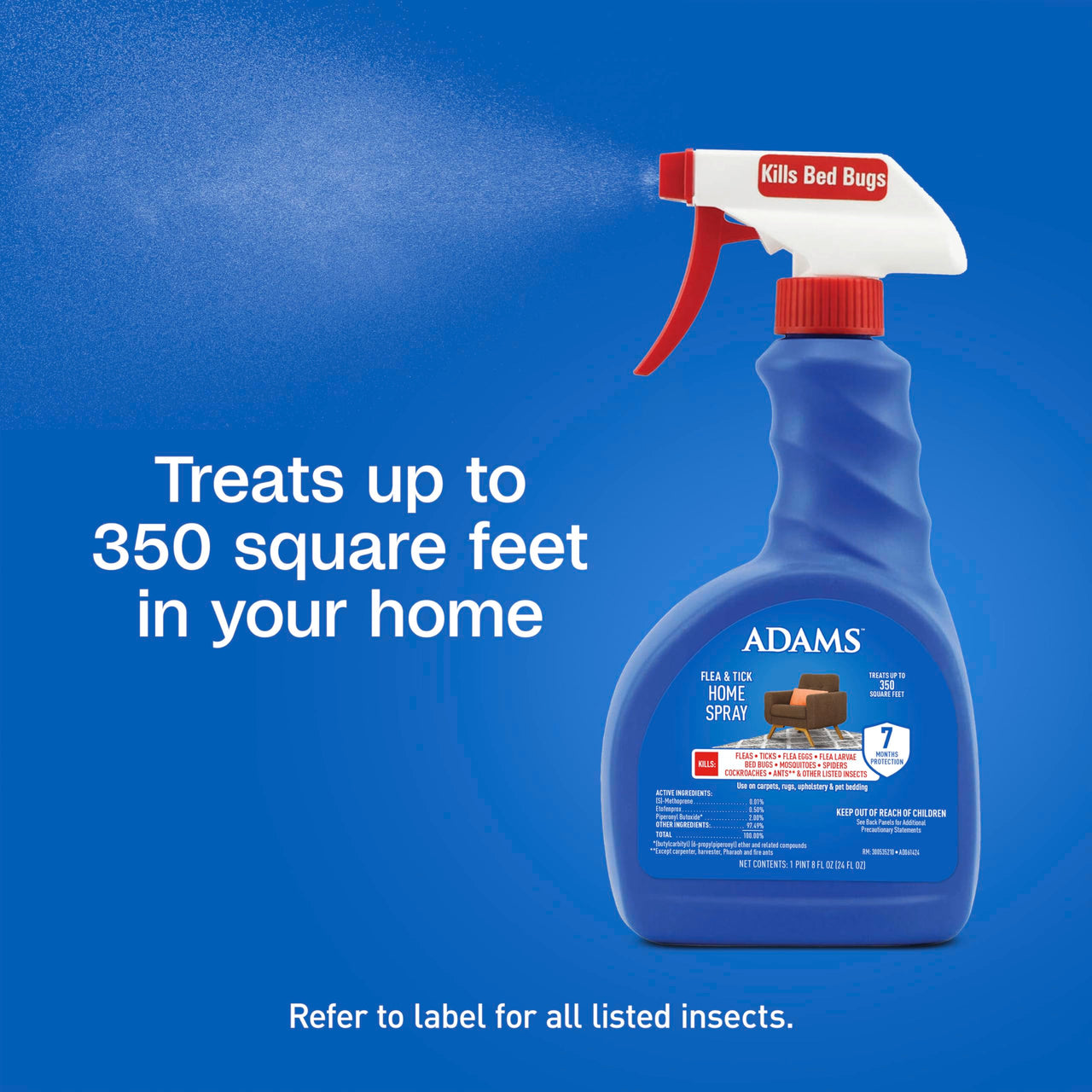 ADAMS Flea & Tick Home Spray for Indoor House Treatment, Kills Bed Bugs, Fleas, & Ticks, for Carpet, Furniture & Pet Bedding, Controls Fleas, Ticks, Bed Bugs, Cockroaches, Spiders & Mosquitoes, 24 oz