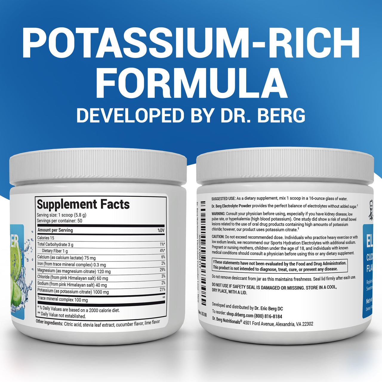Dr. Berg Zero Sugar Hydration Keto Electrolyte Powder - Enhanced w/ 1000 mg of Potassium & Real Pink Himalayan Salt (NOT Table Salt) - Cucumber Lime Flavor Hydration Drink Mix Supplement - 50 Servings