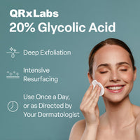 Thumbnail for QRxLabs Glycolic Acid Pads - 20% Resurfacing Pads AHA for Face & Body - Exfoliates Skin Surface and Reduces Appearance of Fine Lines and Wrinkles - Acne Treatment Clearing - Daily Pads - 50ct