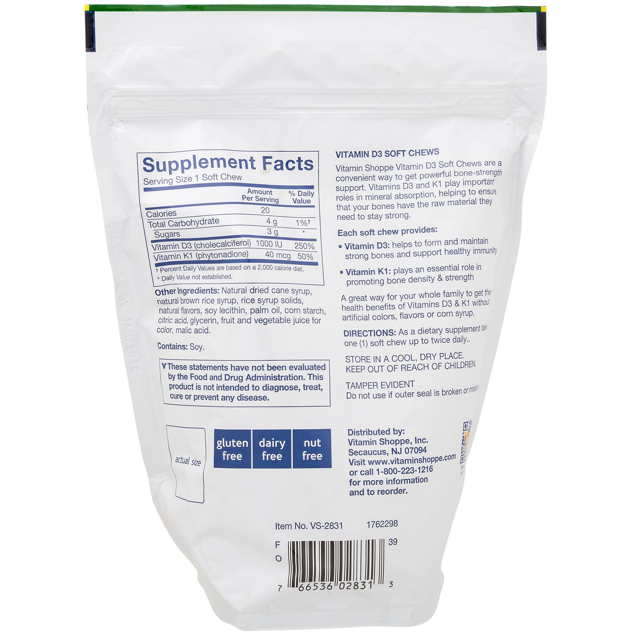 The Vitamin Shoppe D3 1,000IU - Mixed Berry Flavored Chews, Supports Bone & Immune Health, Aids in Cellular Growth & Calcium Absorption, Gluten Free & Once Daily Formula (60 Soft Chews)