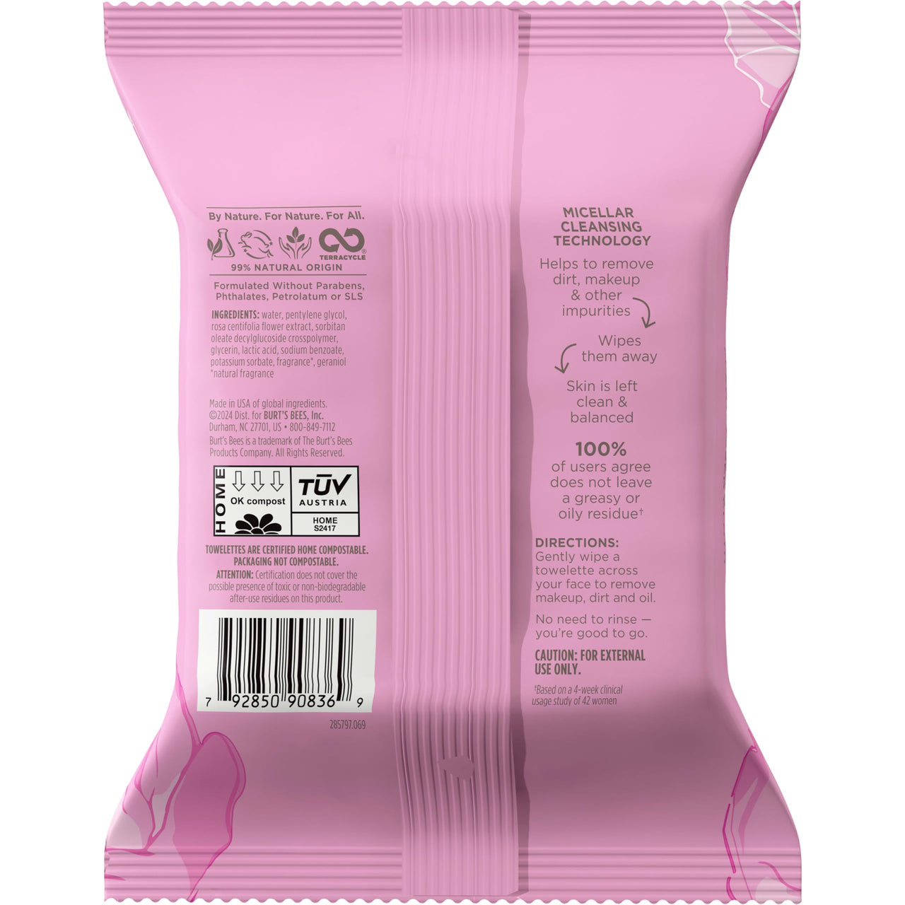 Burt’s Bees Micellar Rose Water Facial Towelettes, 100% Plant Based Cloth; 99% Natural Origin; Remove Makeup, Cleanse, Hydrate; No Greasy, Oily Residue; All Skin Types (Pack May Vary)
