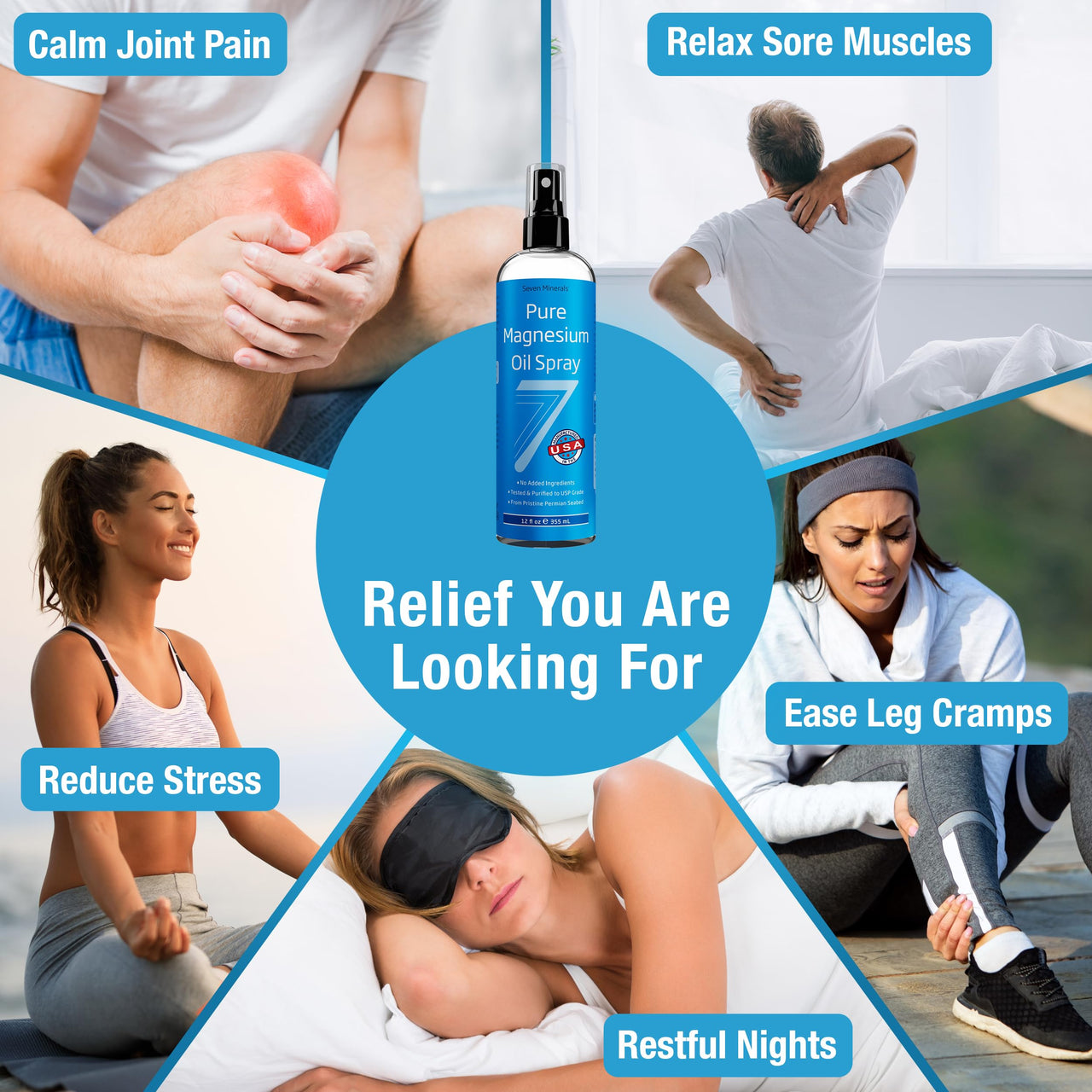 Seven Minerals Pure Magnesium Oil Spray, Big 12oz, USP Grade, Extra Strength, for Feet, Sleep, Muscle Pain & Cramps - Mined in The USA
