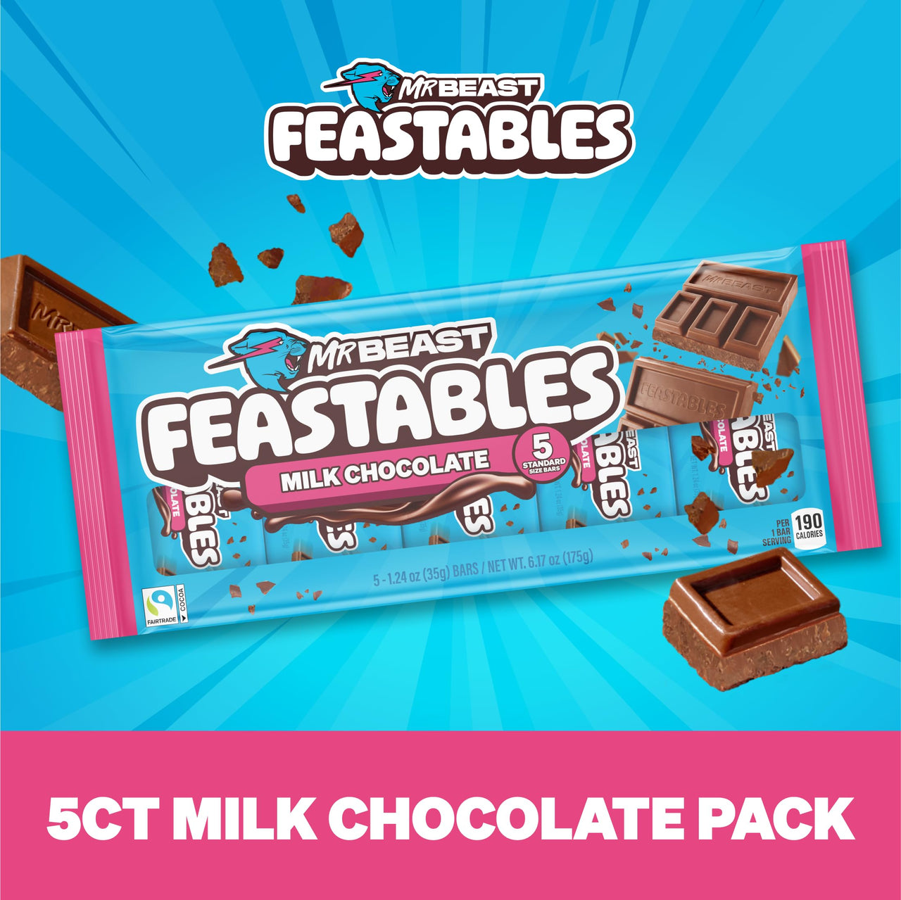 MrBeast Feastables Milk Chocolate Bar, Full Size, 5 Count, Smooth & Creamy Milk Chocolate Candy, Fairtrade Cocoa, 1.24oz Each