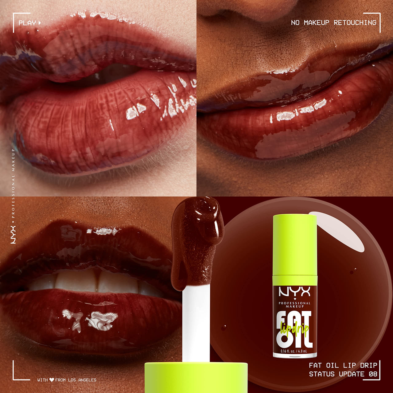 NYX PROFESSIONAL MAKEUP Fat Oil Lip Drip, Moisturizing Lip Oil Gloss, Vegan Tinted Formula, Up to 12 HR Hydration - Status Update (Rich Chocolate)