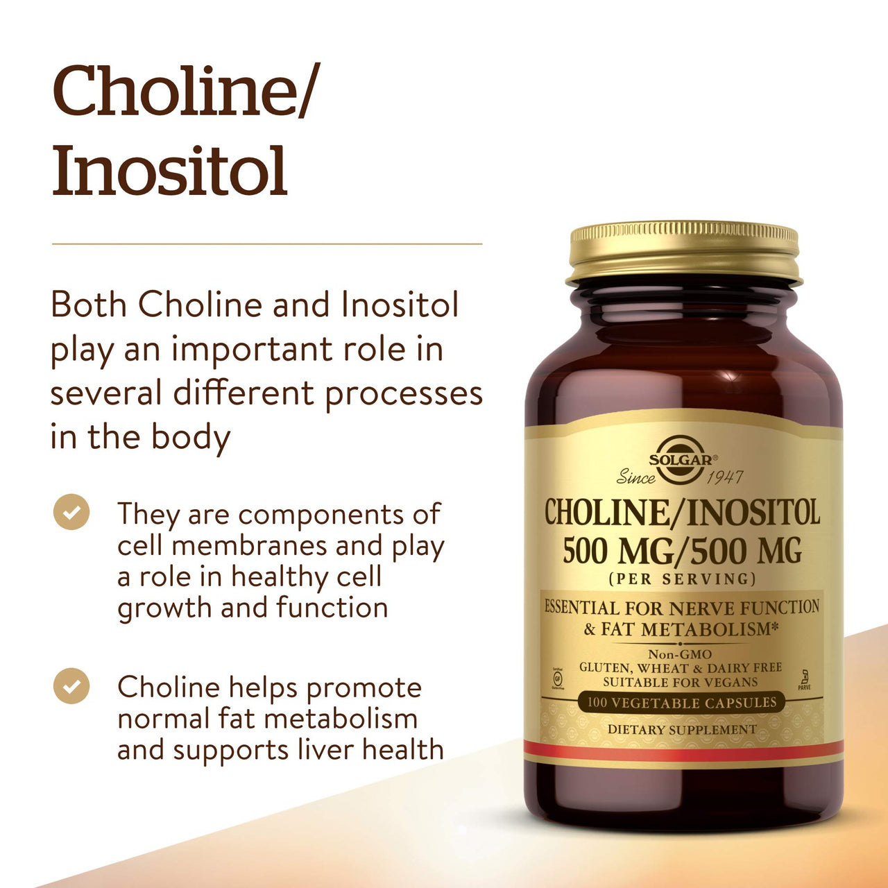 Solgar Choline/Inositol 500 mg/500 mg, 100 Vegetable Capsules - Energy Metabolism, Liver Health, Essential for Brain & Nerve Function - Non-GMO, Vegan, Gluten Free, Dairy Free, Kosher - 50 Servings