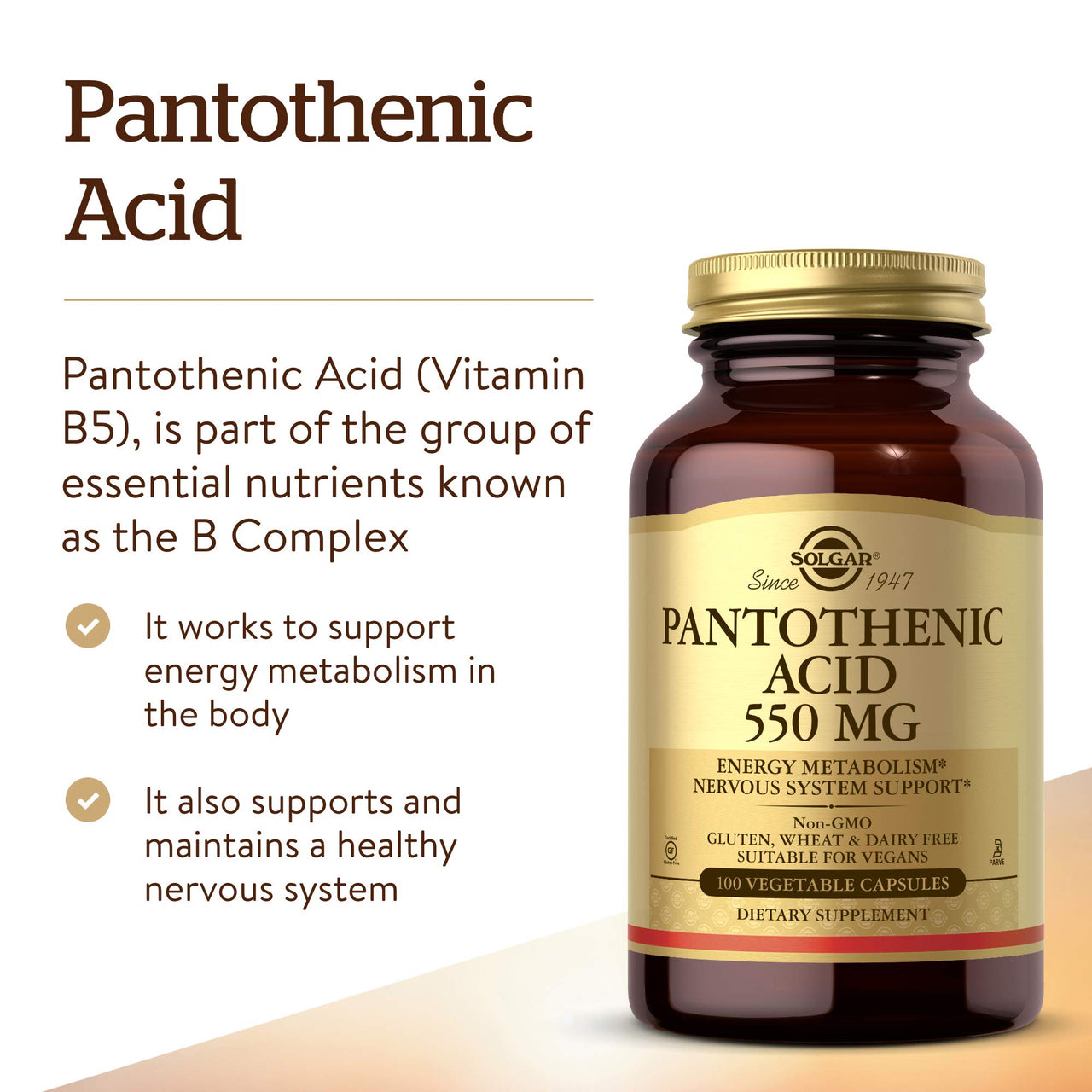 Solgar Pantothenic Acid 550 mg Vegetable Capsules Vitamin B5 Energy Metabolism Nervous System Support Gluten Free Dairy Free Kosher Servings, Standard Packaging, 100 Count