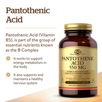 Thumbnail for Solgar Pantothenic Acid 550 mg Vegetable Capsules Vitamin B5 Energy Metabolism Nervous System Support Gluten Free Dairy Free Kosher Servings, Standard Packaging, 100 Count