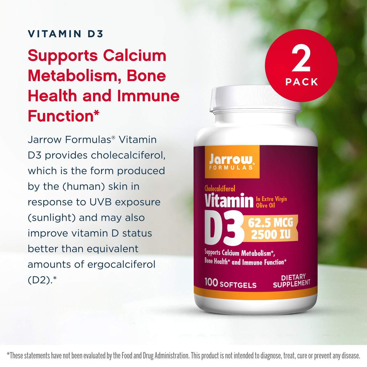 Jarrow Formulas Vitamin D3 2500 IU - 100 Softgels, Pack of 2 - Bone Health, Immune Function & Calcium Metabolism Support - 200 Total Servings