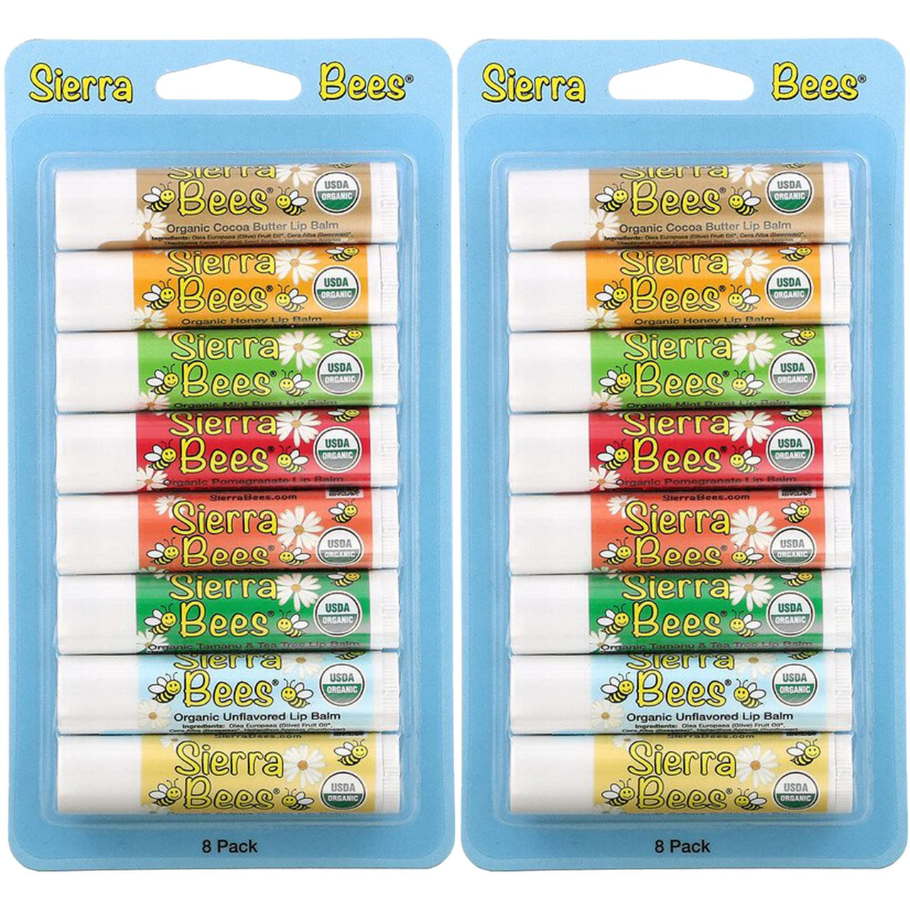 Sierra Bees, Organic Lip Balms Combo Pack, 8 Count (Pack of 2) .15 oz (4.25 g) Each, GMO Free, Cruelty Free