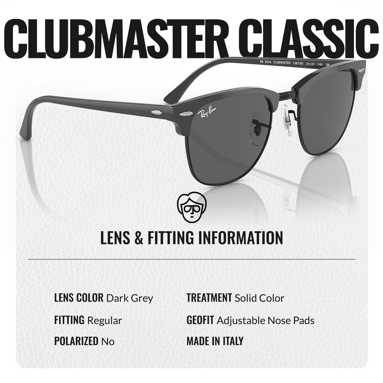 Ray-Ban RB3016 CLUBMASTER CLASSIC Square Shaped Non-Polarized Sunglasses for Men & Women – Includes Official RAYBAN Eyewear Kit – Ideal Formal & Casual Wear Sunglasses – Dark Grey Lens