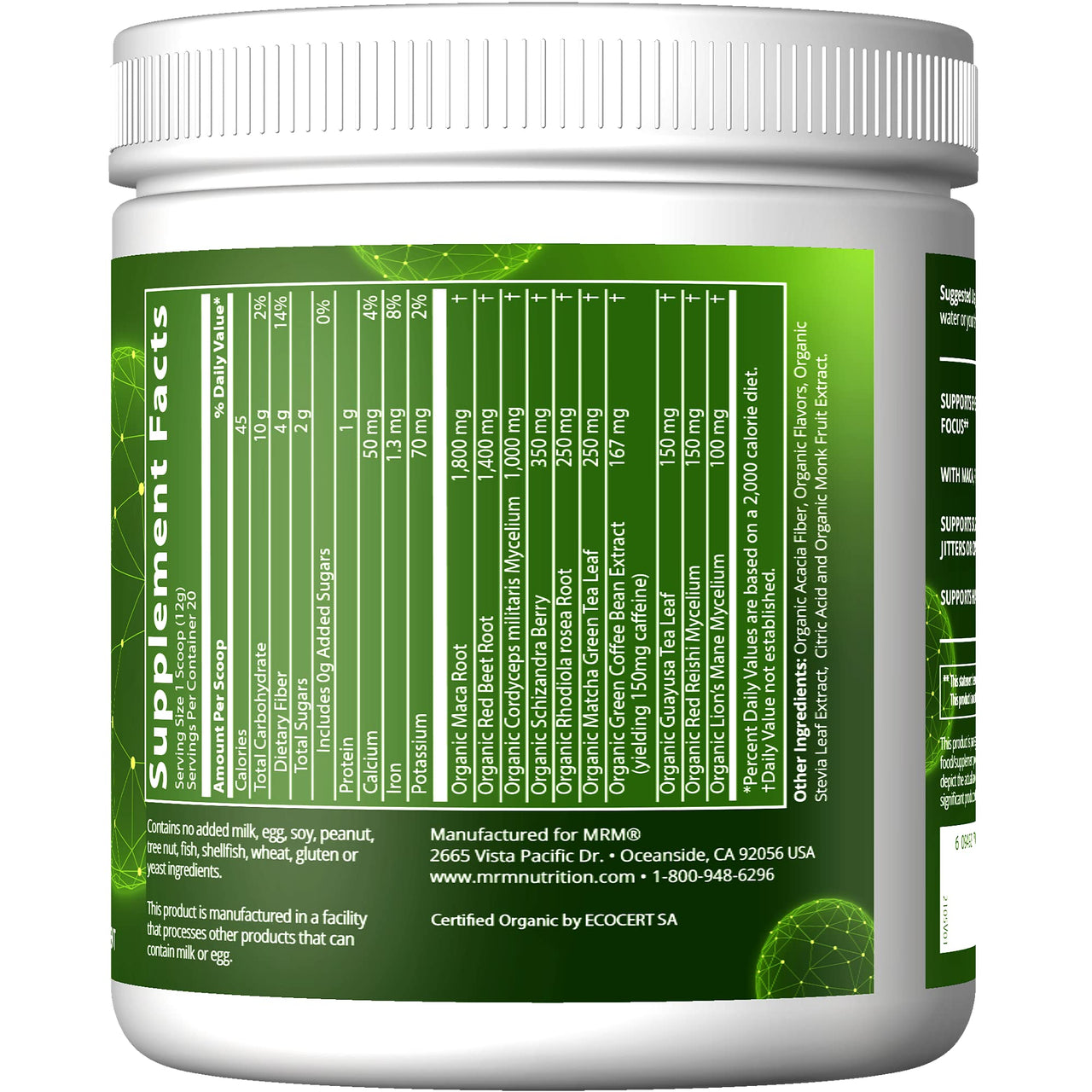 MRM Nutrition Organic Pre-Workout Powder - Women & Men, 150 mg Natural Caffeine & Adaptogens, Pure Energy, Focus & Blood Flow, Vegan, Certified Organic, Non-GMO - 20 Servings, Black Cherry Flavor