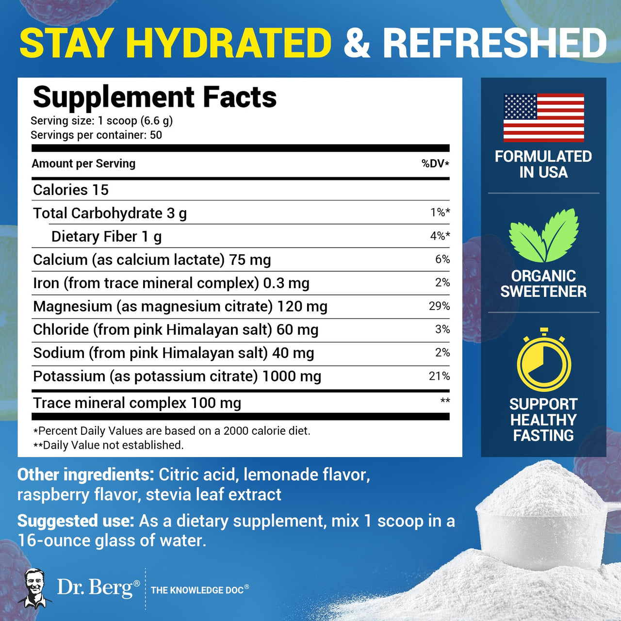 Dr. Berg Zero Sugar Hydration Keto Electrolyte Powder - Enhanced w/ 1000 mg of Potassium & Real Pink Himalayan Salt (NOT Table Salt) - Raspberry & Lemon Hydration Drink Supplement - 50 Servings 3 Pack