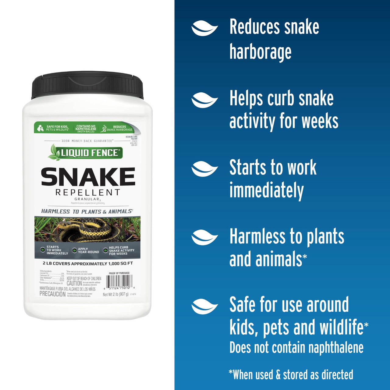 Liquid Fence Snake Repellent Granules, Safe Around Kids and Pets When Used & Stored as Directed, Keep Snakes Out of Garden, Patio and Backyard, 2 lb