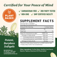 Thumbnail for Vegan Omega 3 Algae Oil | Plant Based DHA EPA | Sustainably Sourced, No Carrageenan, Non GMO | Heart, Brain, and Eye Health | Fish Oil Alternative | Algae Omega 3 Supplement | 60 Softgel Capsules