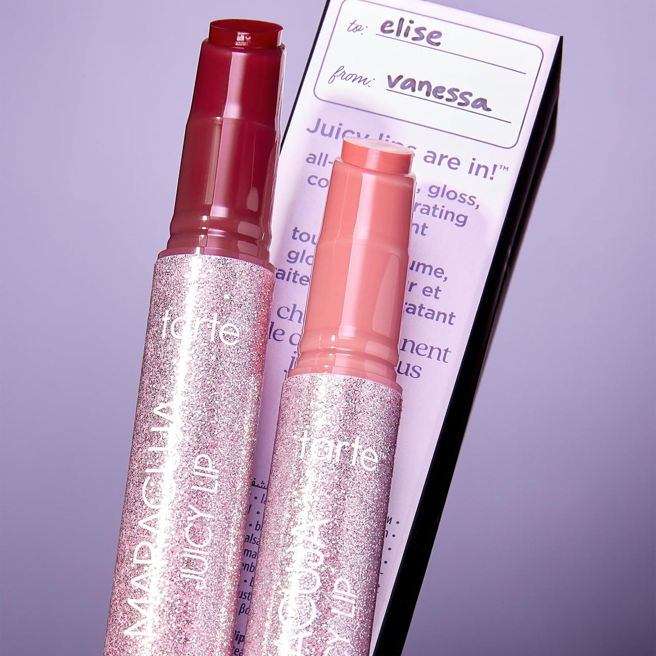 tarte maracuja juicy lip balm bestsellers duo – Hydrating & Nourishing Lip Gloss Balm with Vitamin E, Vegan & Cruelty-Free, full size, rose & passion fruit