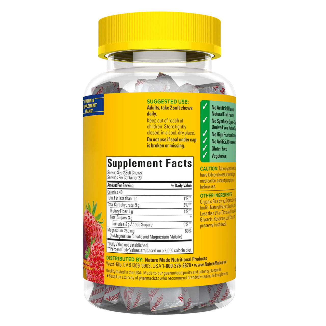 Nature Made High Absorption Magnesium Complex Soft Chews, Magnesium Supplement for Muscle, Heart, Bone Support, Magnesium Citrate & Malate Blend 250 mg per Serving, 40 Vegetarian Chews, 20 Day Supply