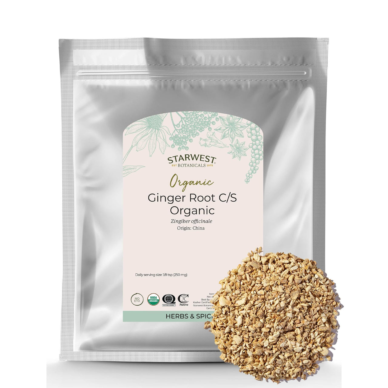 Starwest Botanicals Organic Ginger Root - Dried Ginger Herb for Tea, Baking, & Cooking, Cut and Sifted, Natural Herbal Spice, Certified Kosher, Non-GMO - Bulk 1 lb Bag