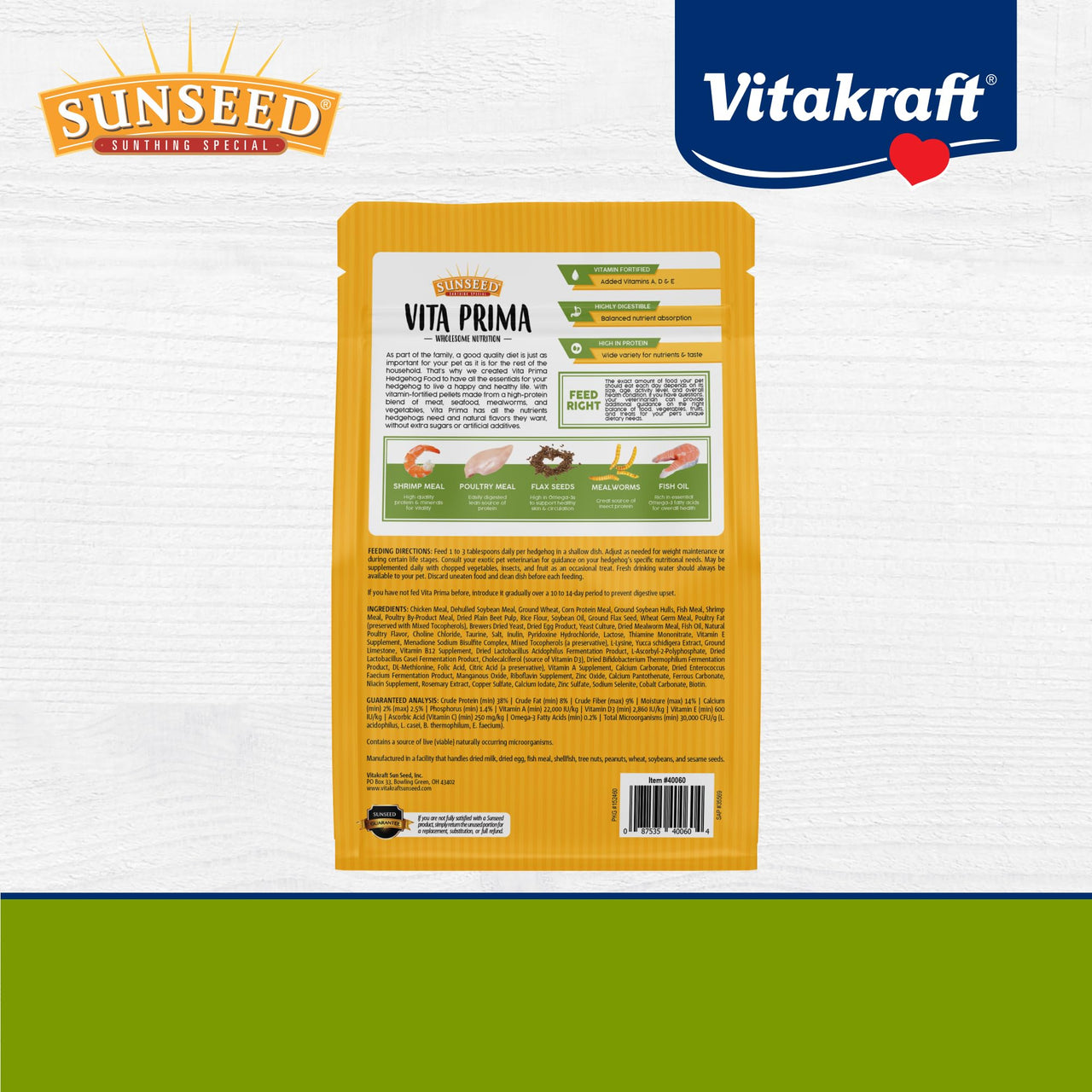 Sunseed Vita Prima Hedgehog Food - High-Protein Poultry, Seafood, and Mealworm Food Blend - Vitamin-Fortified for Happy and Healthy Hedgehogs 1.56 Pound (Pack of 1)