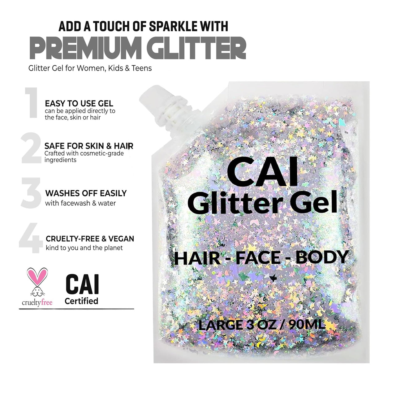 Face, Body & Hair Glitter Gel – Rave Glitter for Kids and Women – 3 Oz Cosmetic-Grade Gel w/Moon & Stars for Festivals & Halloween Party, Easy Apply & Wash Off - Silver 1Pack