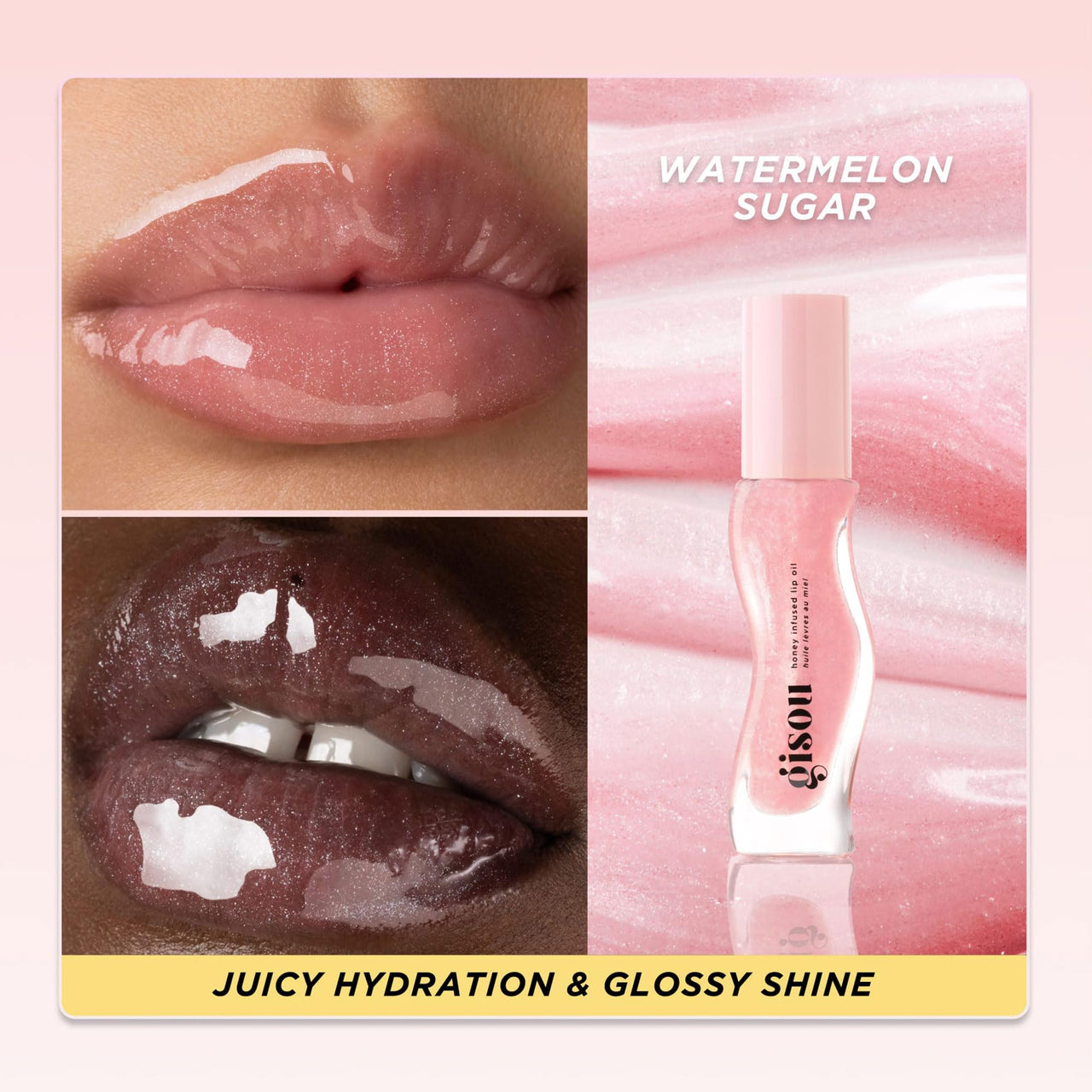 Gisou Honey Infused Hydrating Lip Oil, Nourishing Lip Moisturizer for Dry Lips, High Shine, Smooth Finish, Clear Pink Shimmer Shade, Fresh Watermelon Scent, Watermelon Sugar, 8ml